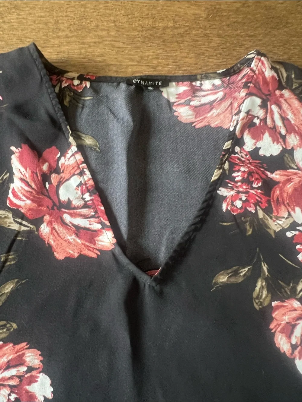 Women’s Black Floral V-Neck Blouse - Red Floral Print - Picture 4 of 5